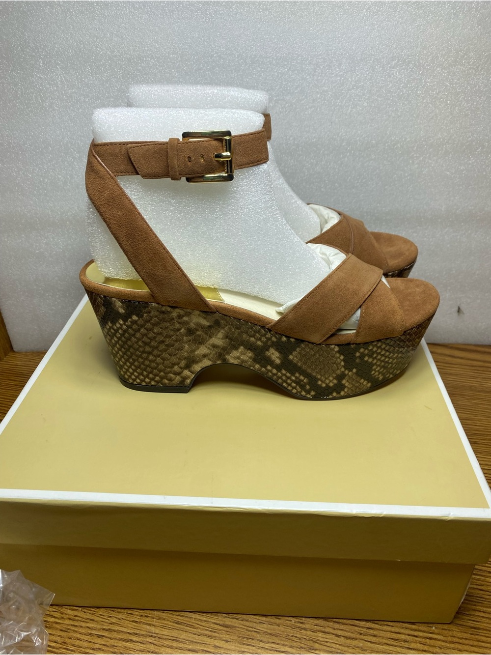 MICHAEL Michael Kors Ariel Mid Wedge Sandal Luggage Dark Khaki Women Size 8M New